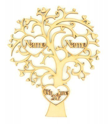 Laser Cut Personalised Tree with 2 Heart Frames with Names inside & 1 Heart Frame with a Date  - 200mm Size